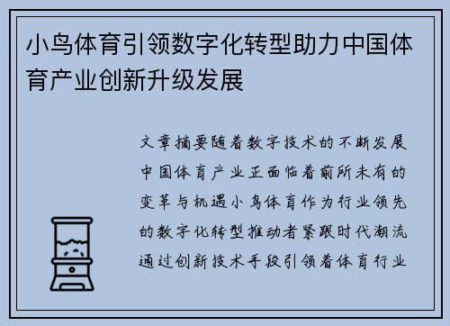 小鸟体育引领数字化转型助力中国体育产业创新升级发展